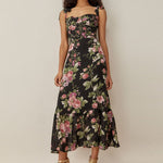 Lace-Up Floral Print Resort Sundresses Slim Fit Fishtail Ruffled Dress Retro Wholesale Dresses