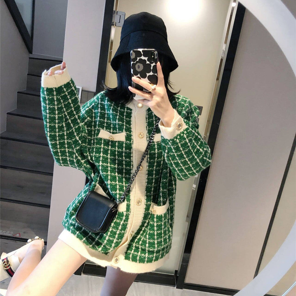 Plaid Ladies Elegant Knitwear Knitted Business Casual Women Wholesale Cardigans Sweater Jacket