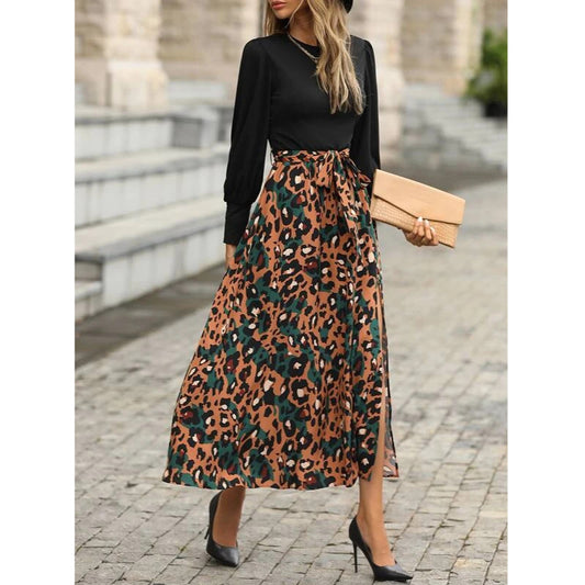 Casual Printed Long-Sleeved Splicing Tie-Up Slit Midi Dress Wholesale Dresses