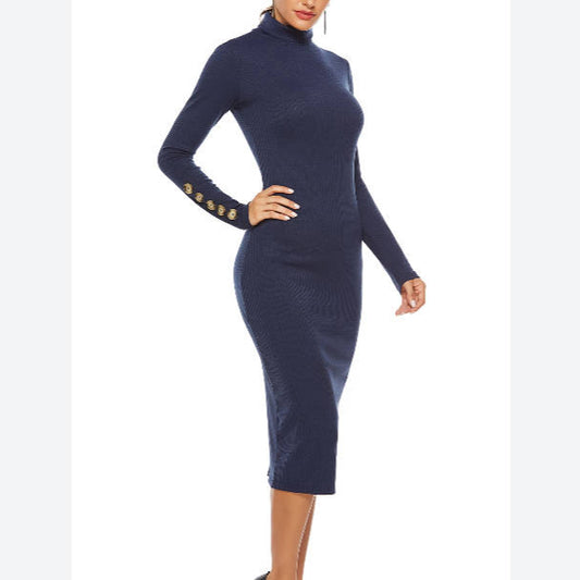 Fashion Button Long Sleeve Turtleneck Knitted Dress Wholesale Dresses