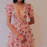 Strawberry Sequin Sweet Mesh Strap Puff Sleeve Low Cut Dress Wholesale Dresses