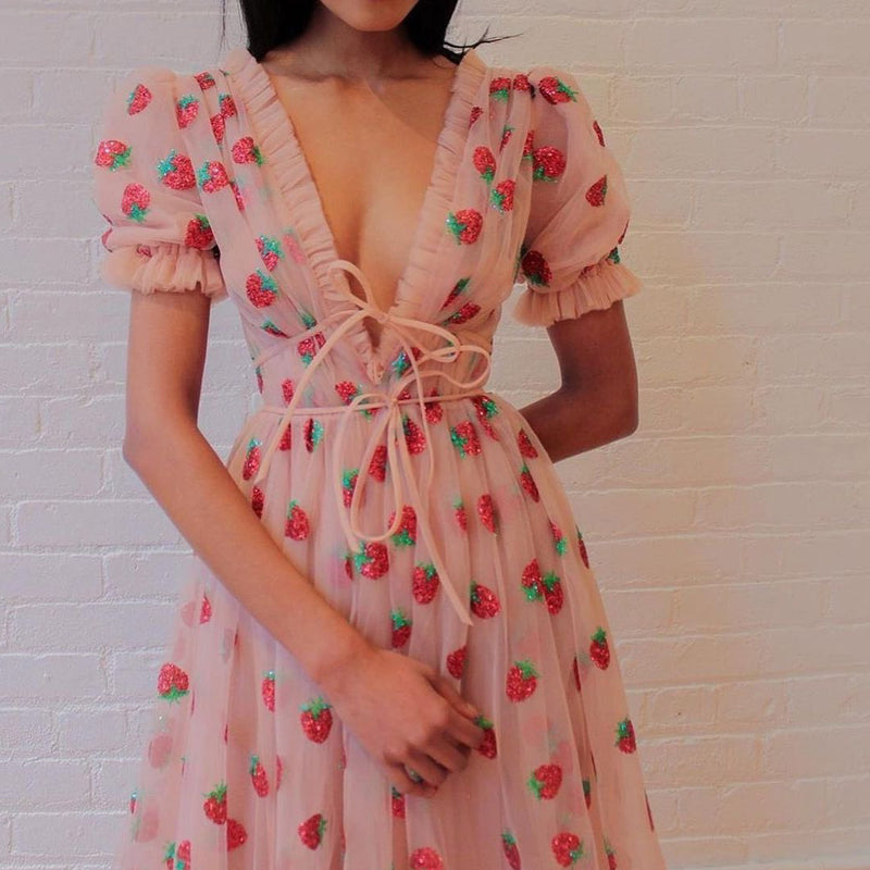 Strawberry Sequin Sweet Mesh Strap Puff Sleeve Low Cut Dress Wholesale Dresses