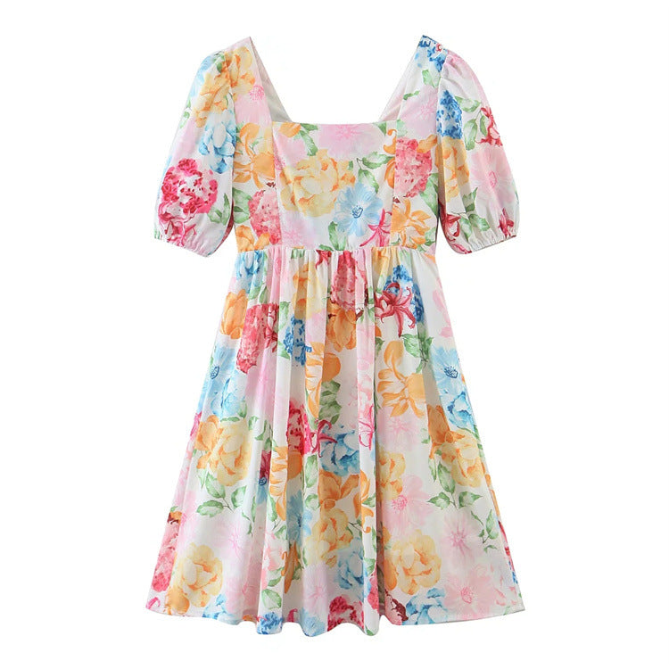 Puff Sleeve Square Neck Sweet Short Printed Princess Dress Wholesale Dresses