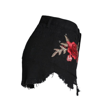 Embroidered Floral Print Wide Leg Jeans Ripped Frayed Wholesale Jean Shorts