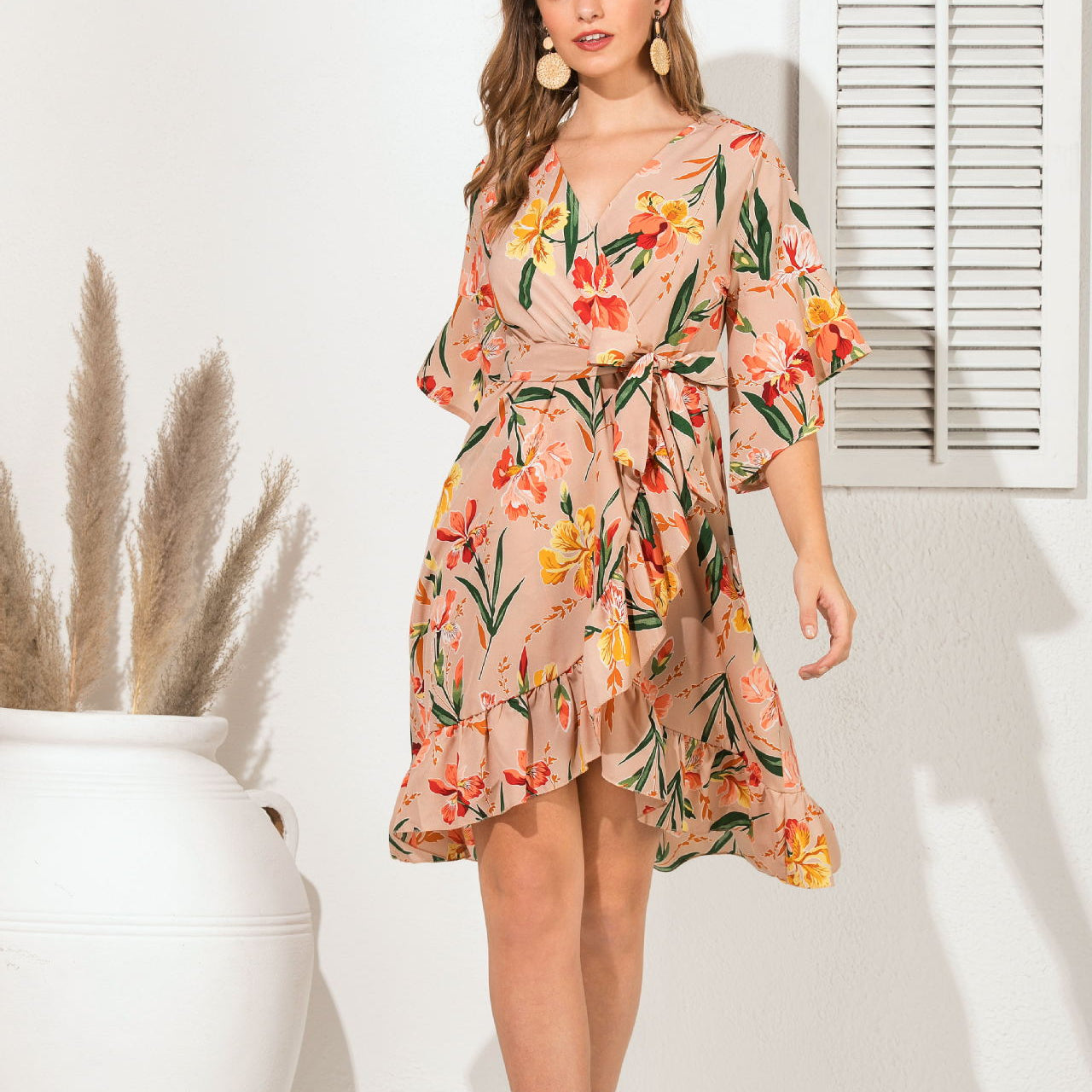 Printed V-Neck Slim Fit Fashion Mid Sleeve Ruffled Wrap Dress Wholesale Dresses