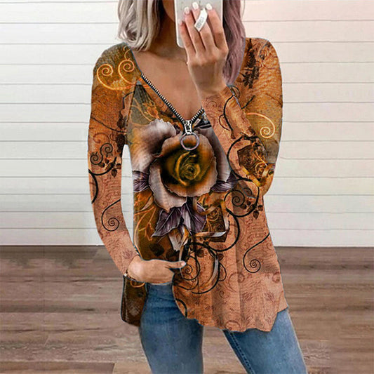 Floral Print Long Sleeve Zipper V Neck Wholesale Blouses For Women Summer