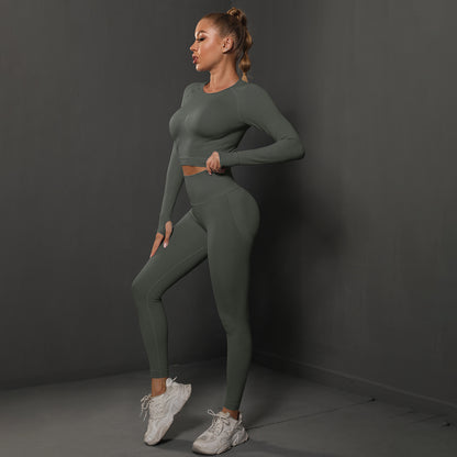 Seamless Knitted Pleated Tight Yoga Exercise Running Fitness Long Sleeve Leggings Suit Wholesale Women Clothing