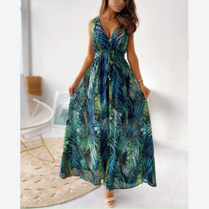 Sleeveless Elastic Waist Wholesale Floral Maxi Dresses Swing Dresses Summer