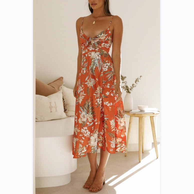 Knotted Sling Printed Slit Swing Dress Wholesale Dresses