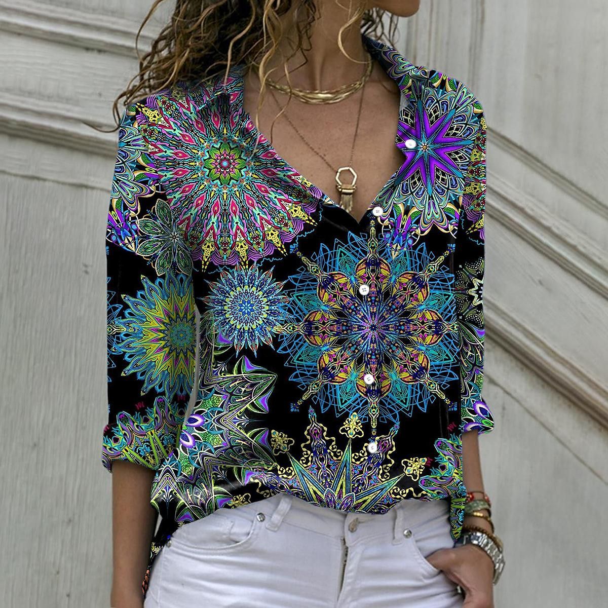 Retro Floral Mulitcolor Kaleidoscope Printed Fashion Womens T Shirts Long Sleeve Wholesale Blouse