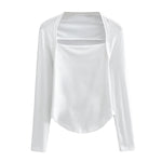 Square Neck Solid Color Irregular Hem Slim Long Sleeve Women Blouse Fashion Wholesale T Shirts