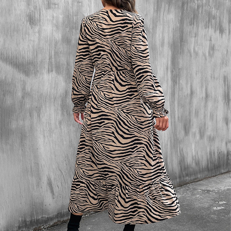 Zebra Print Long-Sleeve Casual High Waist Ruffled Dress Wholesale Dresses