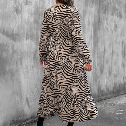 Zebra Print Long-Sleeve Casual High Waist Ruffled Dress Wholesale Dresses