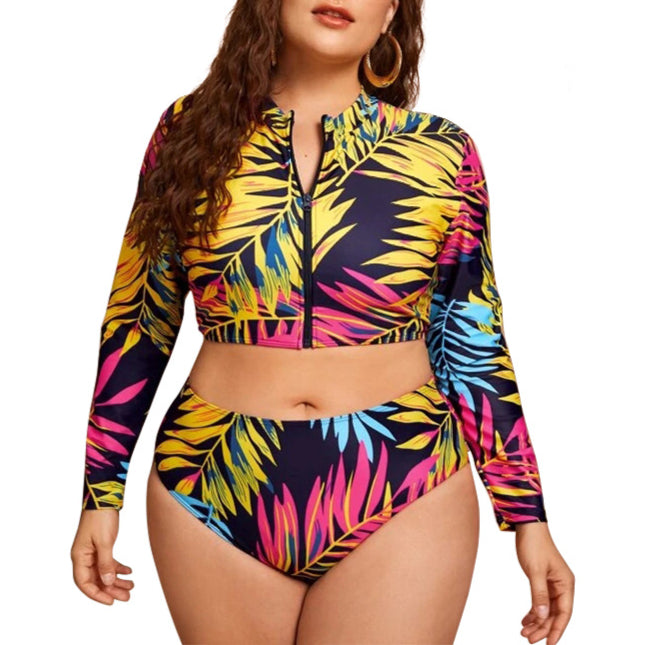 Printed 2 Piece Sets Curve Swimsuits Long Sleeve Zip Design Plus Size Swimwear Wholesale Vendors