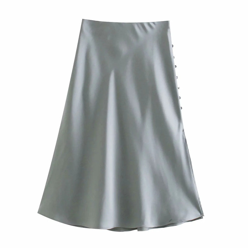 Solid Color High Waist Single Breasted Slit Slim Business Casual Women A-Line Satin Skirts Wholesale
