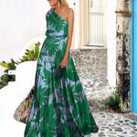 Women Fashion Sleeveless One Shoulder Leaf Print Wholesale Maxi Dresses