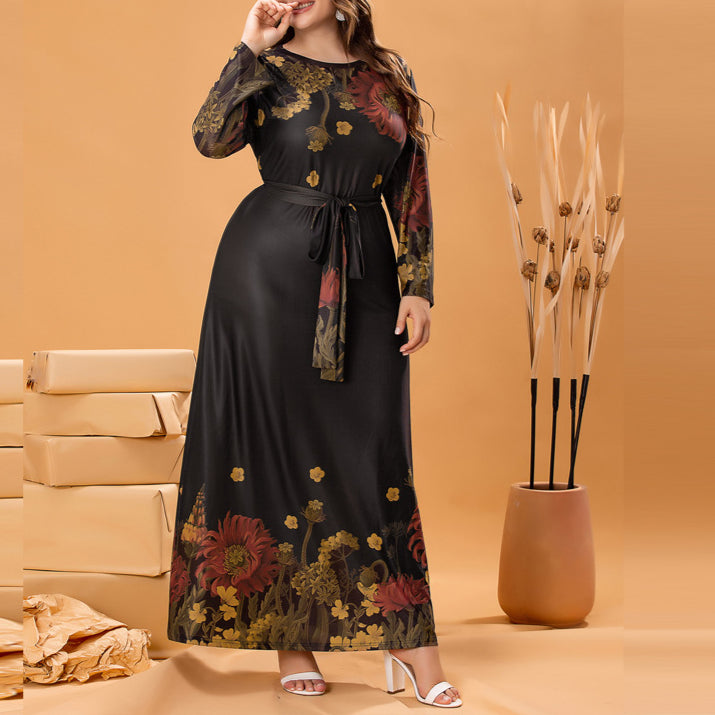 Floral Print Long Sleeve Casual Loose Tie Waist Wholesale Plus Size Maxi Dresses