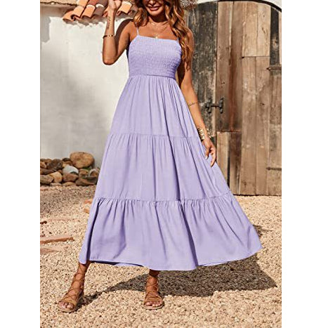 Sleeveless Solid Color Swing Sundresses Smocked Dress Casual Vacation Wholesale Maxi Dresses SD531074