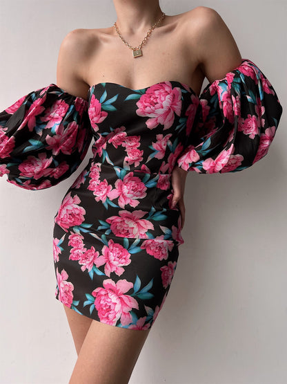 Sexy Low Cut Off Shoulder Floral Dress Mini Body-con Wholesale Dresses