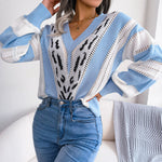 V-Neck Color-Blocking Leopard-Print Long-Sleeved Knitted Sweater Wholesale Women Top