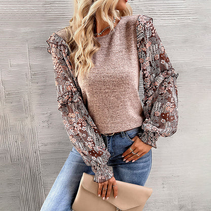 Fashion Round Neck Blouse Ruffle Long-Sleeved Shirts Wholesale Womens Tops