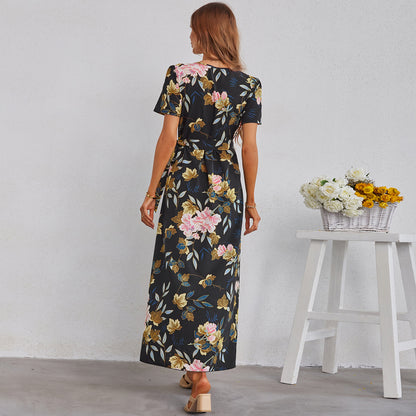 Sexy V Neck Vacation Slit Maxi Dresses Short Sleeve Floral Print Wholesale Dresses