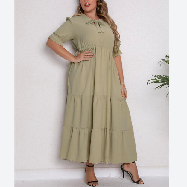 Solid Color Puff Sleeve Casual Smocked Curvy Dresses Wholesale Plus Size Clothing