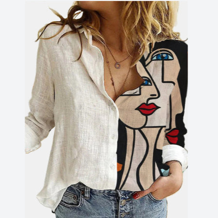 Fashion Print Long-Sleeve Linen Women'S T Shirts Elegant Wholesale Blouse Business Casual