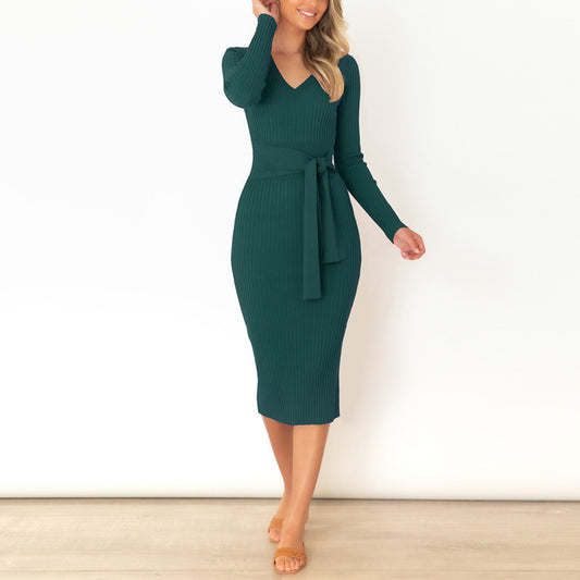 Long-Sleeve V-Neck Slim-Fit Bodycon Knit Dress Wholesale Dresses