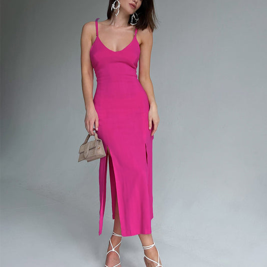 Sexy Deep V Sling  Tie-Up Backless Solid Color Slit Midi Dress Wholesale Dresses