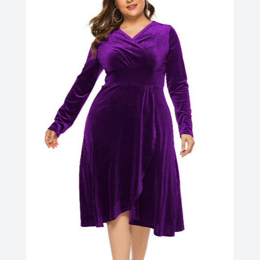 V-Neck Velvet Women Curvy Dresses Wholesale Plus Size Clothing