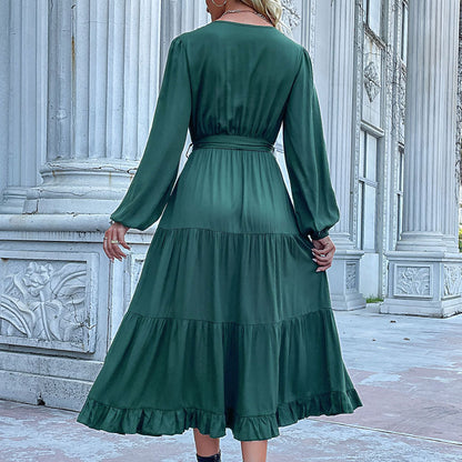 Long Sleeve Tie-Up V-Neck Pleated Smocked Swing Dress Wholesale Dresses SDN538074