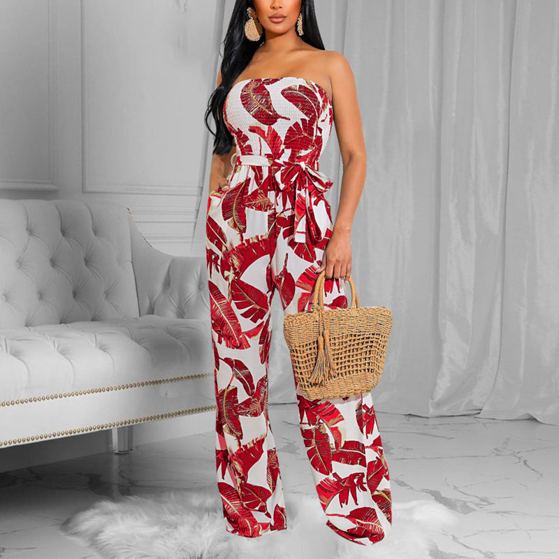 Printed Lace Up Strapless Loose Wide Leg Vacation Clothes Wholesale Jumpsuits With Pocket