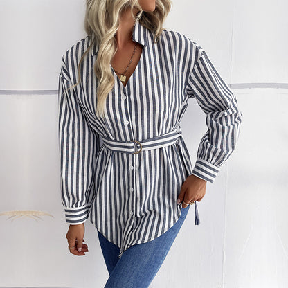 Casual V-Neck Striped Single-Breasted Tops Wholesale Womens Long Sleeve T Shirts With Belt