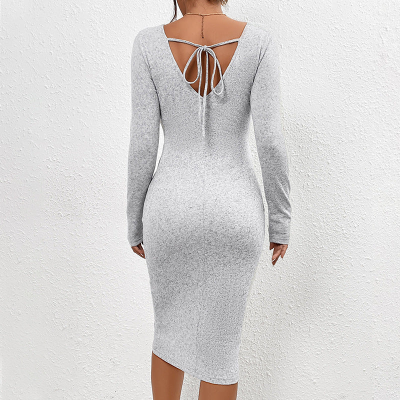 Solid Color Sexy Knitted Drawstring Slit Bodycon Dress Wholesale Dresses