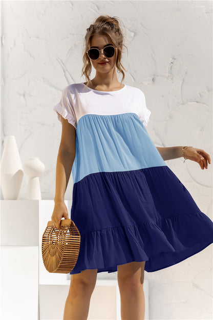 Round Neck Colorblock Ruffles Short Sleeve Loose Smocked Dresses Casual T Shirt Dress Wholesale