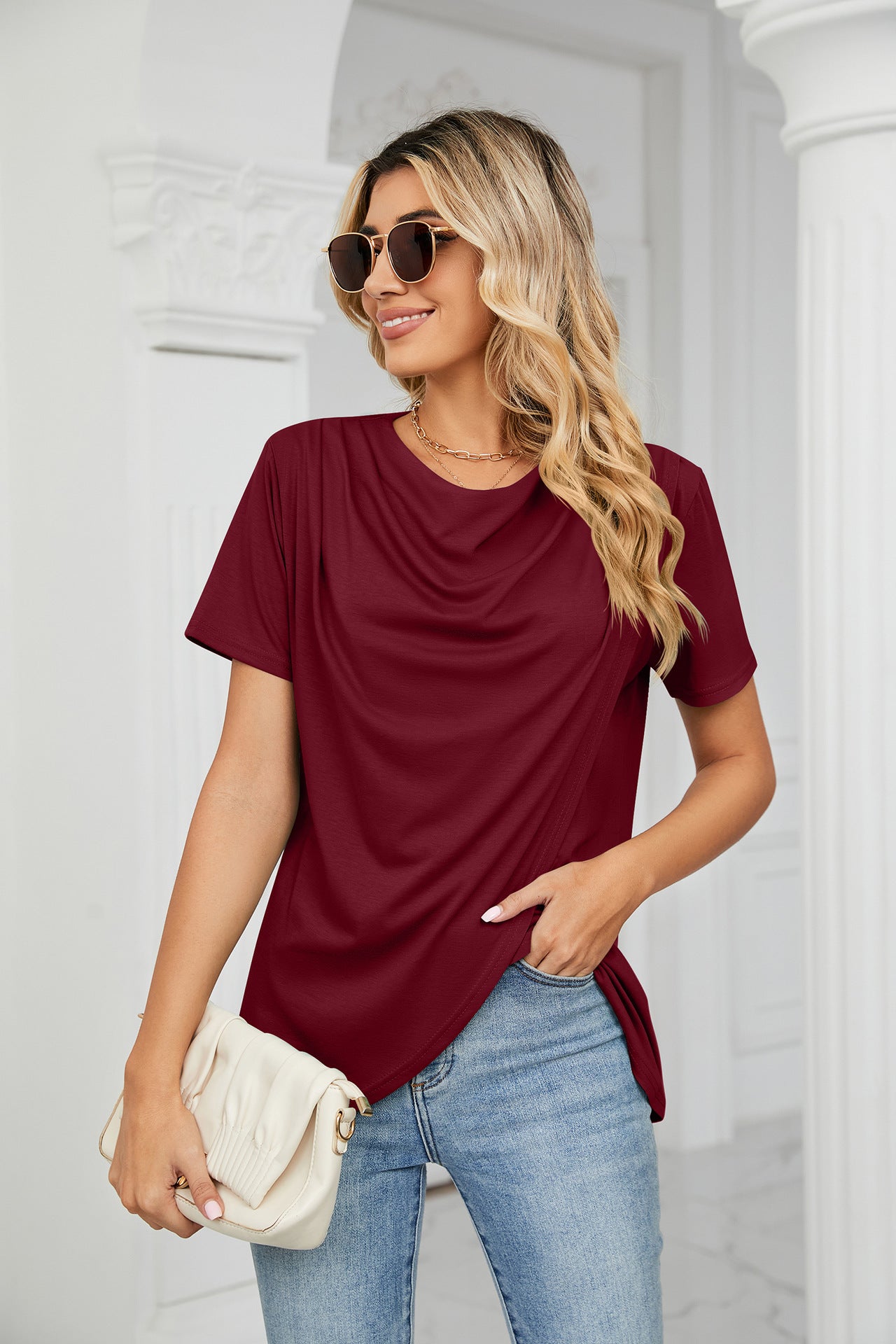 Solid Color Round Neck Cross Short-Sleeved T-Shirts Wholesale Womens Tops