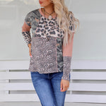 Leopard Print Stiching Long Sleeve Crew Neck Tops Casual Ladies Blouse Wholesale Women'S T Shirts