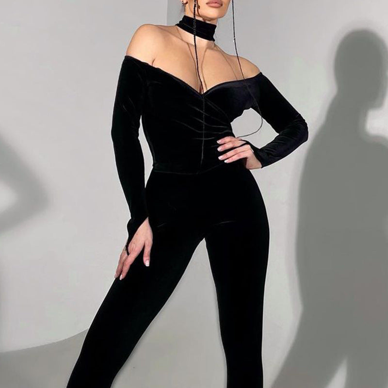 Halter Deep-V Long Sleeve Tops & Tight Pants Velvet Suits Wholesale Women'S 2 Piece Sets