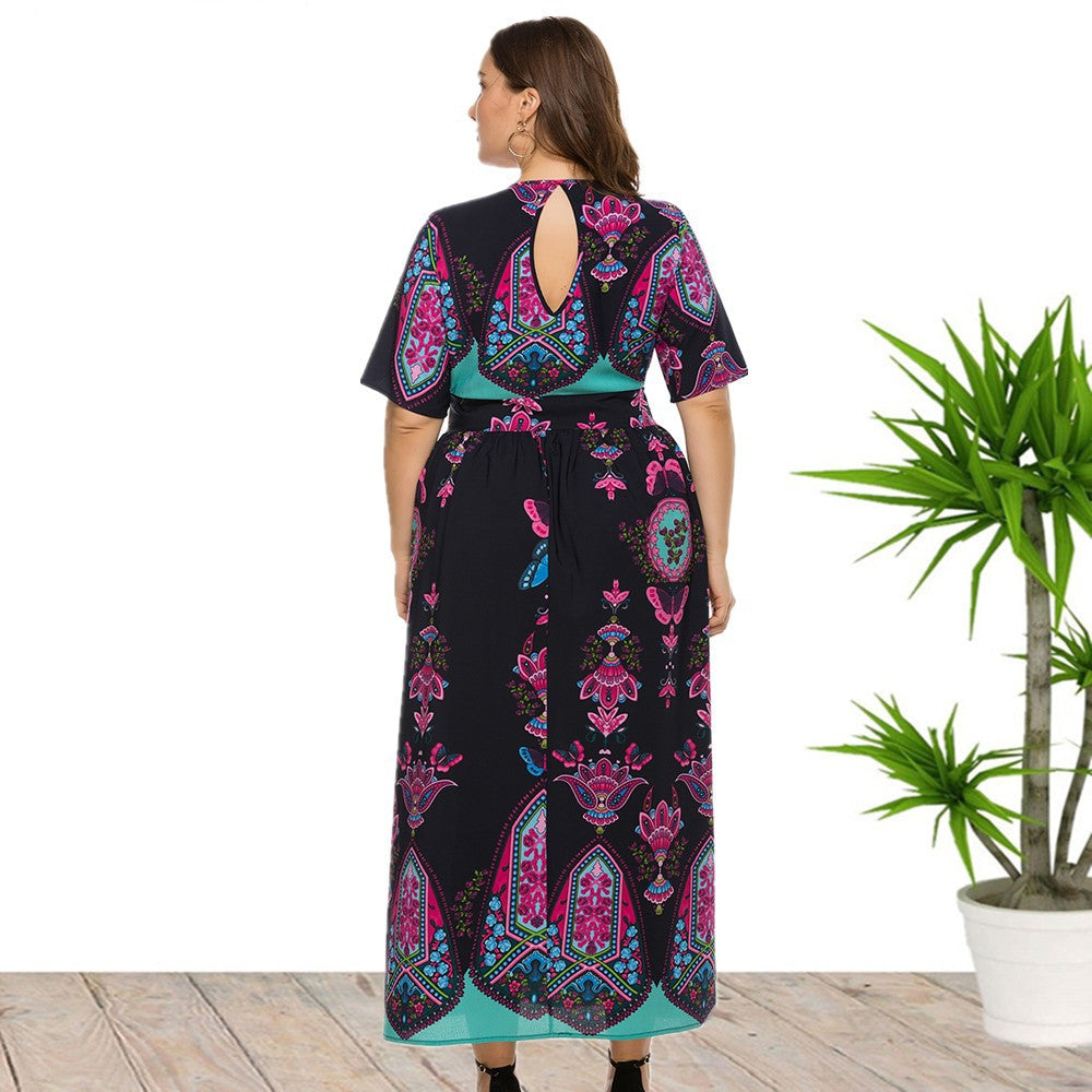 Printing Short Sleeve V Neck High Waist Slit Hem Wholesale Plus Size Bohemian Dresses