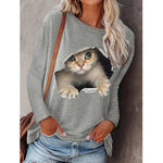 Fashion Cat Print Tops Round Neck Casual Wholesale Womens Long Sleeve T Shirts