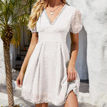 Puff Sleeve Jacquard Swiss Dot V Neck Wholesale Swing Dresses for Women Summer