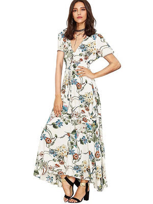 Printed Retro V-Neck Wide Hem Slit Design Vacation Dress Trendy Wholesale Maxi Dresses