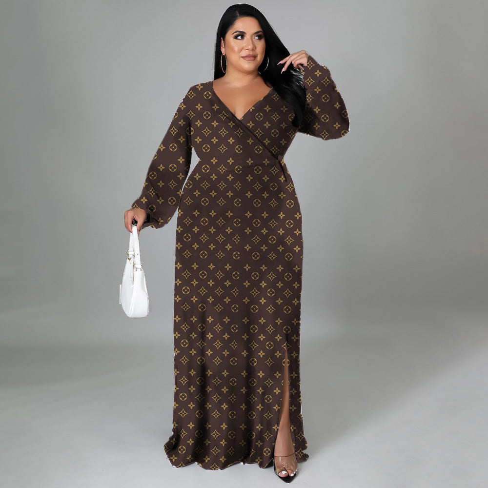 High Waist Floral Print Women Curve Wrap Dress Wholesale Plus Size Maxi Dresses