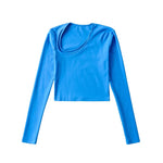 Solid Color Slim-Fit Double-Layer Oblique Fold Collar Design Sense Long-Sleeved Crop Top Wholesale Women Top
