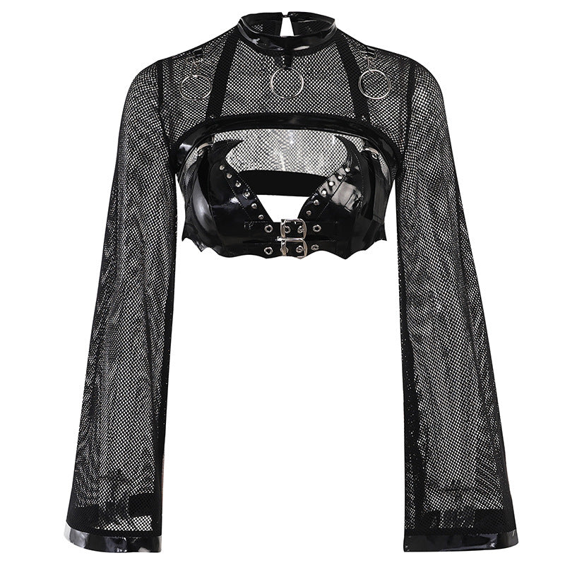 Dark Perspective Suspenders Crop Tops Trumpet Sleeve Vest Two-Piece Set Wholesale Women Clothing
