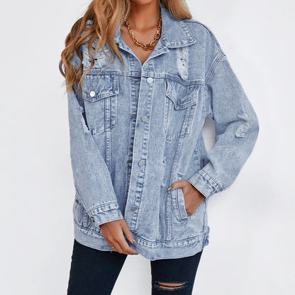 Letter Print Lapel Collar Ripped Denim Jacket Wholesale Womens Tops