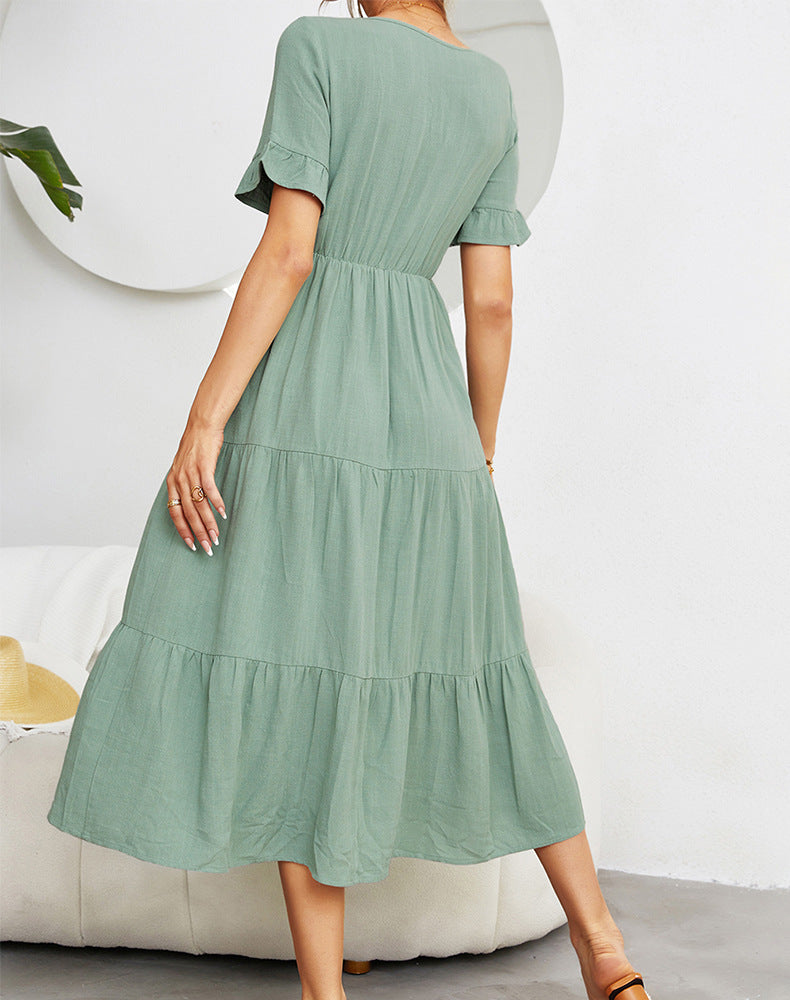 Fashion Loose V-Neck Swing Dress Solid Color Short Sleeve Wholesale Dresses