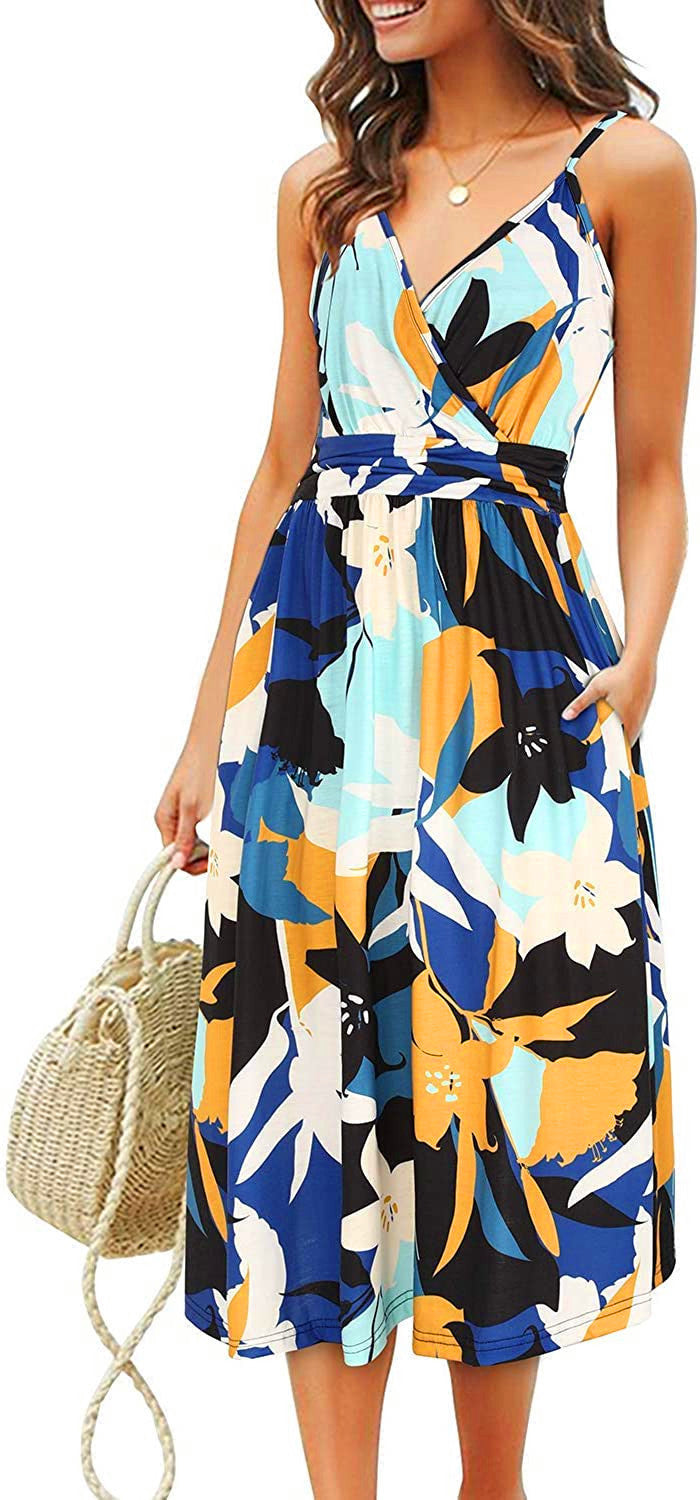 Printed Sling Dress Loose Beach Midi Dress With Pocket Casual Vacation Wholesale Dresses V Neck