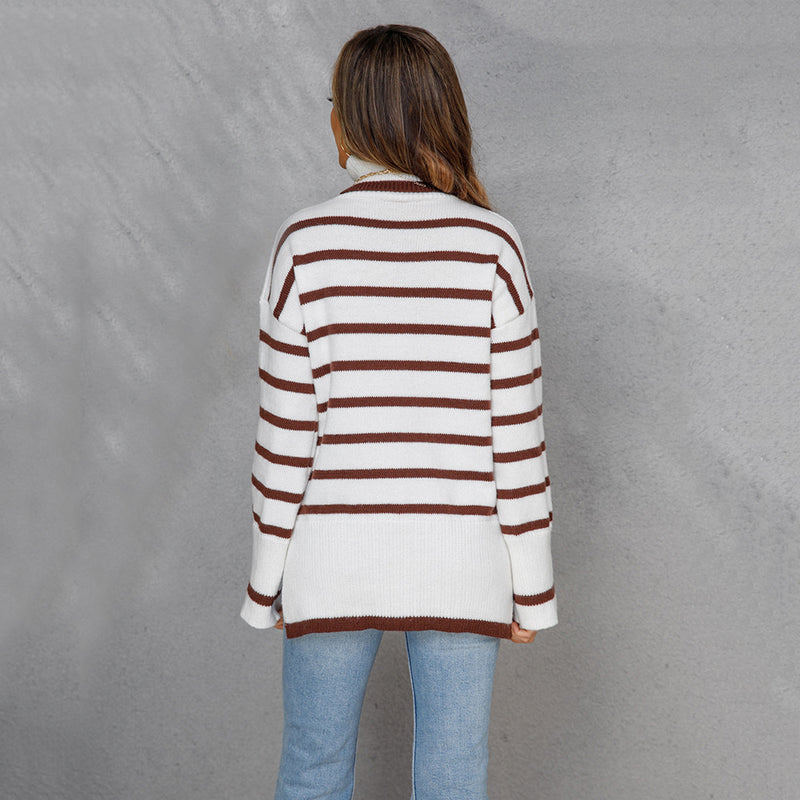 Knitted Pullover Turtleneck Commuter Striped Slit Sweater Wholesale Women Top